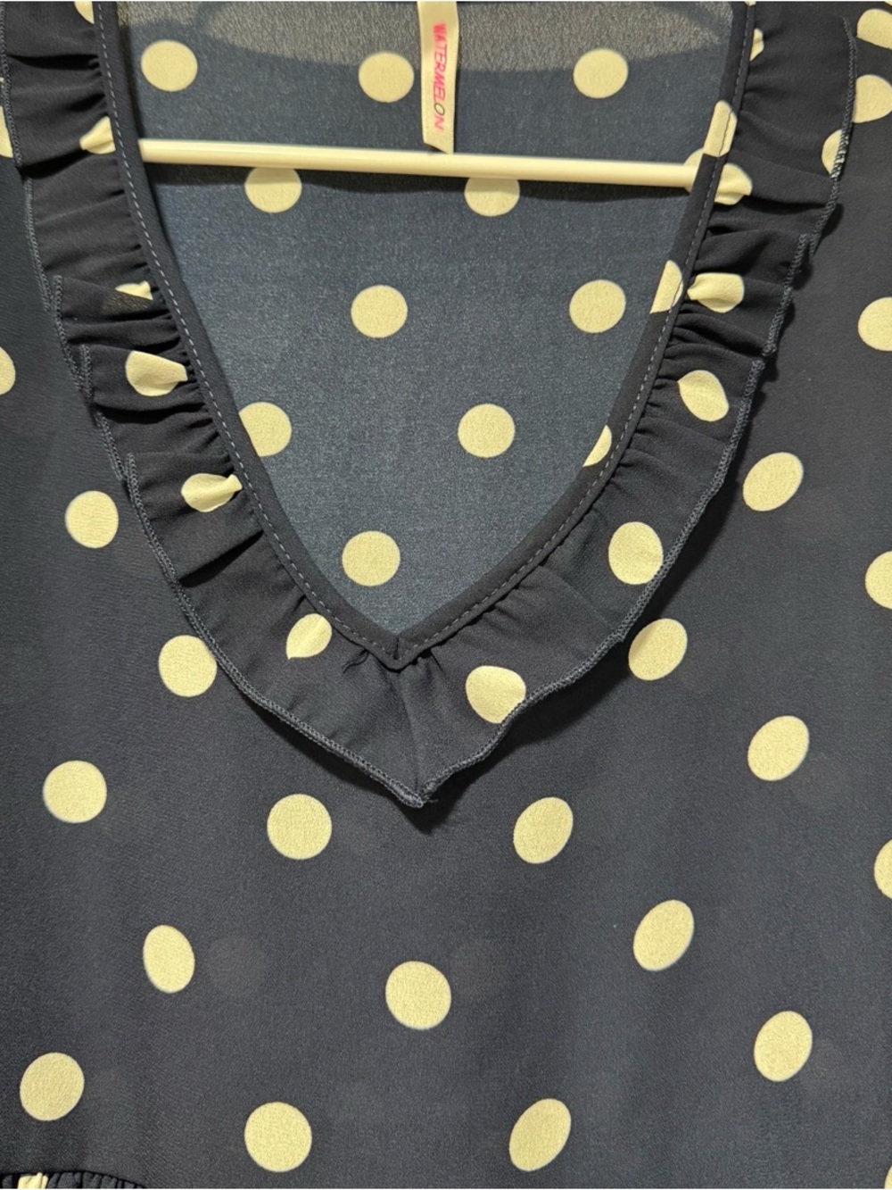 Ruffled V-Neck Polka Dot Peplum Blouse - Navy - Picture 4 of 10
